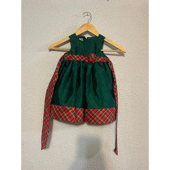 LAURA ASHLEY LONDON Holiday GIRLS LINED DRESS GREEN WITH RED PLAID TRIM Sz 18M
